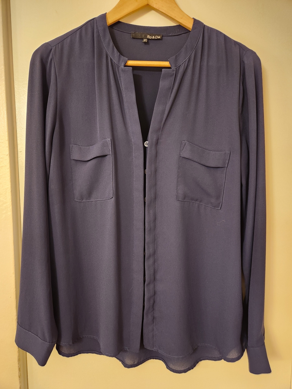 Ro & De Navy Blue Collarless Long-Sleeve Shirt with Chest Pockets
